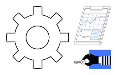 Vites sembolü, panoda analiz çizelgesi, el ele tutuşmalar. Konseptler için ideal teknoloji, iş stratejisi, yenilik, analitik, güvenlik verimliliği ve çözümleri desteklemektedir. Basit düz