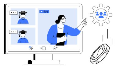 Öğrencilerle, mezuniyet şapkalarıyla ve işbirliği ekipmanlarıyla canlı yayında sunum yapacak. Eğitim, e-öğrenim, webinarlar, uzaktan çalışma, beceri paylaşımı, çevrimiçi takım çalışması için ideal