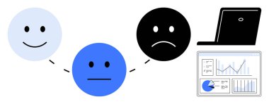 Mutlu, nötr ve üzgün yüzler bir dizüstü bilgisayarın ve analitik gösteren gösterge panelinin yanındaki kesik çizgilerle birbirine bağlı. Geri bildirim, duygusal analiz, veri takibi, psikoloji, araştırma, anket sonuçları için ideal