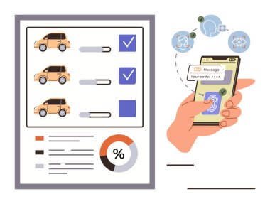 Güvenli kod ve parmak izi tarayıcısını gösteren bir telefonun yanında arabaların olduğu kontrol listesi, anahtarlar, yüzde şeması ve kontrol listesi. Teknoloji, güvenlik, fintech, mobil UI için ideal