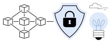 Ağ küpleri parlayan bir ampulün yanında kilit sembolü olan bir kalkana bağlı. Engelleme zinciri, siber güvenlik, yenilik, teknoloji, güvenlik, bağlantı ve güvenli fikirler için ideal