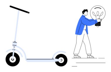 Elinde büyük ölçekli ampul tutan biri modern elektrikli scooter 'ın yanında bilerek yürüyor. Yenilik, hareketlilik, teknoloji, yeşil enerji, yaratıcılık, ilerleme, minimalizm için idealdir. Basit düz