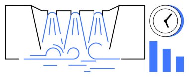 Türbinlerde su akan baraj, saati gösteren saat ve performans verilerini gösteren bar tablosu. Enerji, sürdürülebilirlik, hidroelektrik, verimlilik, izleme, çevre kaynağı için ideal