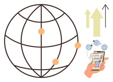 Bağlantı noktaları olan dünya, online bankacılık ve büyüme okları gösteren akıllı telefon. Teknoloji, finans, küreselleşme, büyüme, yenilik, veri paylaşımı, iletişim için ideal