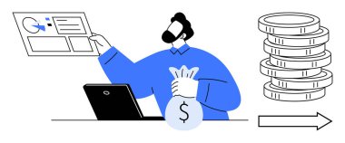 Elinde dolar çantası olan bir iş adamı, finansal strateji analizi çizelgesini inceliyor. Birikmiş paralar ve oklar başarıyı, finans, iş planlamasını, yatırımı, karı vurguluyor. İdeal