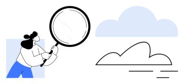 Bulut oluşumunu gözlemlemek için büyüteç kullanan kadın. Keşif için ideal, arama, analiz, bulut hesaplama, araştırma, keşif, teftiş, basit düz metafor