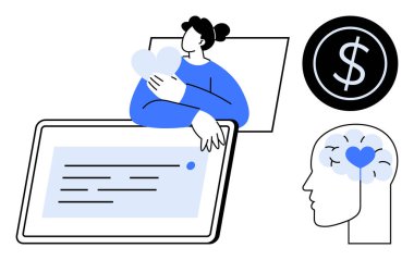 Kalbi tablet ekranın üstünde tutan kişi dolar işareti bozuk para ve kalbi olan beyin. Kişisel bakım, teknoloji, finans, duygusal refah, dijital ilişkiler, farkındalık için ideal düz düzlük