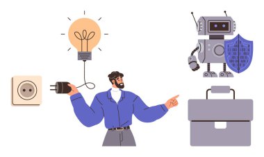 Elektrik prizi olan bir adam yaratıcılığı ve yeniliği sembolize eden bir ampule bağlanır. Robotun kalkanı teknoloji ve siber güvenliği simgeler. Evrak çantası girişimcilik ekliyor. Yenilik için ideal