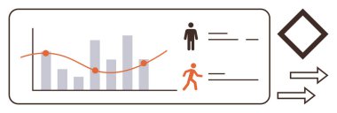 Çubuk grafik ve trend çizgisi karşılaştırması insan profilleri, akış göstergeleri ve karar verici bir elmasın yanında. Strateji, analitik, profil çıkarma, karar verme, iş akışı, yönetim için ideal basit