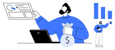 Businessperson veri tablosunu inceler, para çantasını tutar, dizüstü bilgisayarla çalışır ve istatistikleri görselleştirir. Finans, yatırım, iş büyümesi, veri analizi, gelir yönetimi ve parasal başarı için ideal