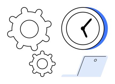 Vitesli saat ve optimizasyonu temsil eden basit bir dizüstü bilgisayar, verimlilik, işbirliği, iş akışı, verimlilik, planlama, zaman yönetimi. İş için ideal, teknoloji sade bir daire ayarlıyor