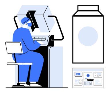 İleri laboratuvar makineleri ve dijital aletler kullanan bir teknisyen materyalleri analiz ediyor. Teknoloji, yenilik, araştırma, bilim, laboratuvar, sağlık ve veri analizi temaları için idealdir. Basit düz