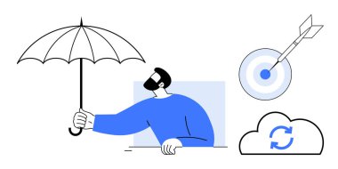 Bulut senkronizasyonu sembolü ve ok darbesi ile korunmak için şemsiye tutan kişi. Basit düz metafor olarak güvenlik, strateji, odaklanma, esneklik, başarı, teknoloji ve hedefler için idealdir