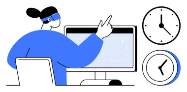Sanal gerçeklik ekranı ile etkileşim halinde olan bir kadın, ekranı iki saatle işaret ediyor. Yenilik için ideal, VR teknolojisi, üretkenlik, zaman yönetimi, çoklu görev, gelecek planlaması