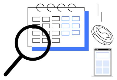 Mobil arayüz ve bozuk para eşliğinde bir takvime odaklanan büyüteç. Zamanlama, zaman yönetimi, mali planlama, strateji, analitik, verimlilik ve organizasyon için ideal