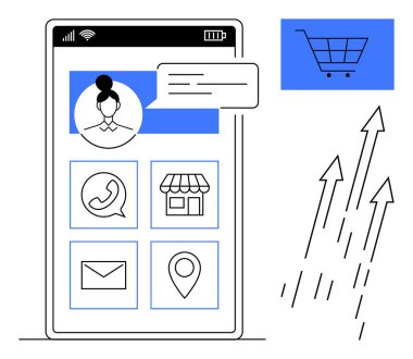 Sohbet, depolama, mesaj, harita simgeleri, alışveriş arabası, yukarı bakan oklar ile akıllı telefon arayüzü. E-ticaret, çevrimiçi büyüme, sosyal bağlantı müşteri hizmetleri iş genişletme pazarlaması için ideal