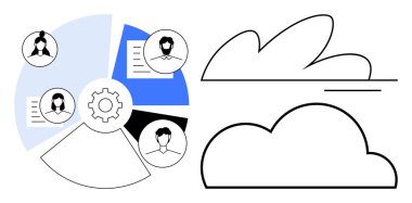 Kullanıcı profilleri ve teçhizatlı dairesel diyagram depolama ve entegrasyon için bulut şekillerinin yanında takım çalışmasını sembolize eder. Veri işbirliği, bulut hizmetleri, yenilik, takım çalışması, strateji için ideal