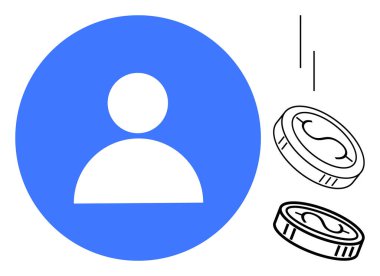 Düşen paraların yanında mavi kullanıcı profili simgesi. Finans, ekommerce, iş, tasarruf, yatırım, kitle fonlama, dijital profil temaları için idealdir. Basit düz metafor