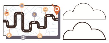 İşaretleri, hedef simgesi ve işle ilgili sembolleri olan dolambaçlı yol çizelgeleri ve dişlileri parmakla işaretliyor. Strateji, planlama, kalkınma, kilometre taşları, yol haritası hedef belirleme için ideal. Basit düz