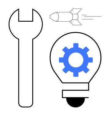 İngiliz anahtarı, ampulün içindeki teçhizat ve mühendisliği, yeniliği, yaratıcılığı, problem çözmeyi, gelişimi, teknolojiyi ve ilerlemeyi temsil eden roket. Başlangıç teknolojisi ve bilimsel için ideal