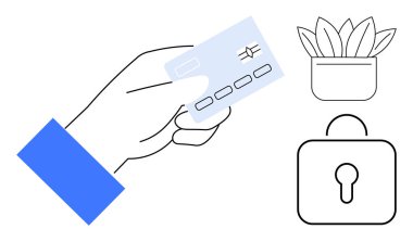 Kilitli bir asma kilit ve küçük saksı bitkisinin yanında çipli bir kredi kartı sunuyor. Finans, güvenlik, sürdürülebilirlik, e-ticaret, teknoloji, ödeme sistemleri, dijital güvenlik için ideal