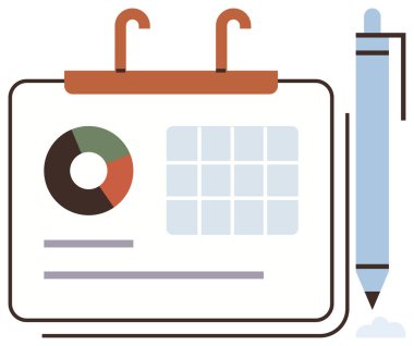 Masa takviminde bir veri donut şeması, ızgara bölümleri ve kalem vurgulanan planlama, zaman yönetimi, analiz, verimlilik, iş stratejisi ve basit bir dairede organizasyon yer almaktadır.