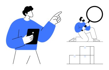 İki profesyonel, biri tablet tutarken işaret ediyor, diğeri de büyüteçle kutuları inceliyor. Takım çalışması, analiz, kalite kontrolü, veri, lojistik ve araştırma işbirliği için ideal