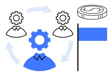 Dişli başlıklı takım üyeleri, işbirliğini simgeleyen mavi oklar, mali başarı gösteren para ve hedef ayarını gösteren bayrak. Takım çalışması, işbirliği, strateji, başarı için ideal
