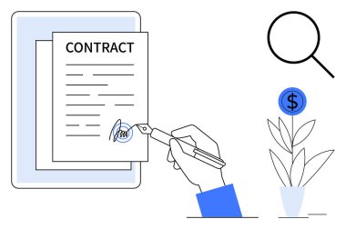 Elle kontrat imzalama, incelenecek büyüteç ve finansal büyümeyi sembolize eden bir para fabrikası. İş, finans, anlaşmalar, yatırım, uyum fırsatı güveni için idealdir. Basit.