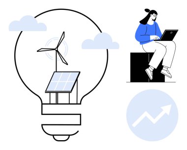 Ampul çerçevesi rüzgar türbini ve yüzen bulutlu güneş paneli, dizüstü bilgisayarı olan kadın ve yukarı doğru ok. Teknoloji, sürdürülebilirlik, çevre, büyüme, yenilik, temiz enerji için ideal