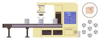 Vites ve teknoloji kontrollü bir taşıma bandında robot sistem paketleme kutuları. Teknoloji, imalat, otomasyon, endüstri, lojistik, dağıtım, üretim için ideal. Basit düz metafor