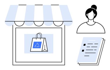 Çizgili tenteli, geri dönüşüm işaretli alışveriş çantası, müşteri avatarı ve kontrol listesi olan bir mağaza. Sürdürülebilirlik, eko-alışveriş, perakende stratejisi, müşteri ilişkileri, ambalaj yeşili için ideal