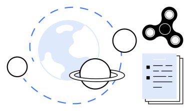 Dünya, Satürn ve yörünge çizgileri soyut şekiller, hareketli bir fırıldak ve dokümanlarla çevrili. Bilim, yaratıcılık, organizasyon, eğitim yenilikçiliği için ideal. Basit düz metafor.