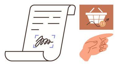 İmzalı, el işaretli, bozuk para ve oklu alışveriş sepeti, büyüme görüntüsü. Finans, sözleşmeler, çevrimiçi alışveriş, iş anlaşmaları, anlaşma yatırımları basitleştirilmiş süreçler için ideal