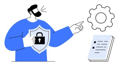 Erkek figürü, klasörü ve teçhizatı işaret ederken kalkanı kilit simgesi ile tutuyor. Güvenlik, uyum, politika, gizlilik, veri akışı, yönergeler ve güven için ideal. Basit düz metafor