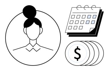 Takvim ve bozuk para yığınının yanında daire çizen kadın figürü. Zaman yönetimi, maaş, iş, finans, planlama, kariyer geliştirme için ideal. Minimalist düz metafor