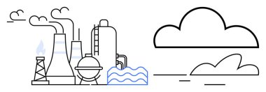 Su ve bulutların yanında duman çıkaran bacalı fabrika binaları. Sürdürülebilirlik, çevre, endüstri, hava kirliliği, temiz enerji, iklim değişikliği, ekolojik etki için ideal. Basit düz