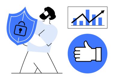 Veri güvenliği için kalkanı olan bir adam, performans analizi için büyüme tablosu ve onay için de onay veren bir adam. Siber güvenlik, büyüme, analitik, başarı, güvenlik ve basit iniş için ideal