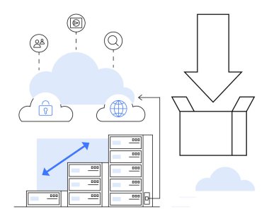 Güvenli depolanmış bulut ağı, dikey ölçeklenen sunucular, veri simgeleri ve kutuyu gösteren bir ok. Bulut bilgisayarı, veri transferi, sunucu, ölçeklenebilirlik, güvenlik yedeği dijital için ideal