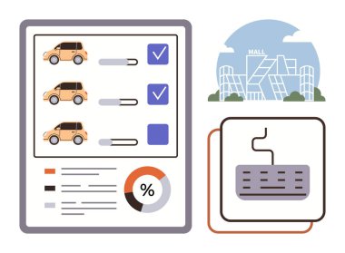 Seçimler için kaydıraklı ve kutulu arabalar, analiz için pasta grafiği, arka planda modern alışveriş merkezleri. E-ticaret, alışveriş, karar verme, veri görselleştirme, karşılaştırma, kentleşme için ideal