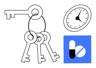Saati, anahtarı, birden fazla anahtarı ve mavi karede ilaç kapsülü ve tableti gösteriyor. Sağlık, zaman yönetimi, güvenlik, erişim, verimlilik planlama refahı için ideal. Basit.