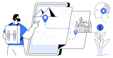Gezgin, bir tablet üzerindeki haritayı işaret ediyor. Üzerinde işaretler ve seyahat yolları var. Beyin ve yapay zeka, dolar işareti ve bitki elementleri. Seyahat, teknoloji, eğitim, finans, yenilik keşfi için ideal