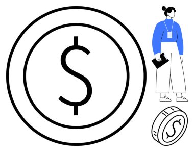 Elinde kocaman bir bozuk paranın yanında bir pano tutan kadın. Finans, yatırım, iş stratejisi, ekonomi, zenginlik, bütçe belirleme, modern daire metaforu için ideal