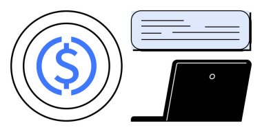 Dolar parası, açık bilgisayar, dijital finans, iletişim ve uzaktan çalışmayı sembolize eden mesaj balonu. Fintech, çevrimiçi işlemler, uzaktan çalışma, dijital ekonomi verimliliği için ideal modern