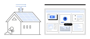 Smart house equipped with solar panels and a digital dashboard showing energy usage, performance metrics, notifications, and video. Ideal for technology, sustainability, renewable energy, smart