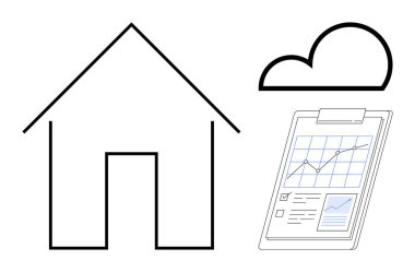 Minimalist ev taslağı, bulut simgesi ve panoda analitiği, emlak yönetimini ve bulut hesaplamasını temsil eden grafik görüntüsü. Gayrimenkul, veri eğilimleri, yenilik ve iş için ideal
