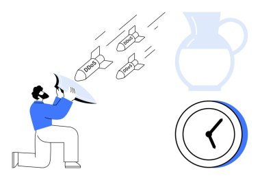 Adam siber güvenliği simgeleyen DDOS füzelerini saptırmak için kalkan önünde diz çöküyor. Saat ve sürahi zamanlama, akış, esneklik kavramlarını vurgular. Siber güvenlik, strateji, koruma ve bilişim için ideal