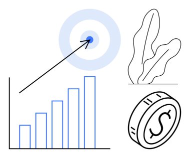 Çubuk grafikte yukarı doğru ok hedefi hedef alıyor, dolar işareti olan bozuk para, soyut bitki şekilleri. İş için ideal, başarı, büyüme, yatırım, finans, strateji asgari tasarım düz metafor