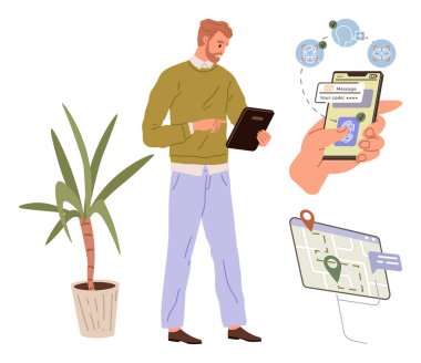 Tablet kullanan, akıllı telefonu sohbet ve teslimat simgeleriyle tutan, haritalı iğne ve saksı bitkisi kullanan bir adam. Teknoloji, iletişim, uzaktan çalışma, uygulama tasarımı, navigasyon verimliliği için ideal modern