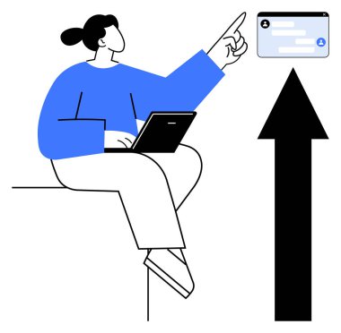 Elinde dizüstü bilgisayarı olan bir kadın yukarı doğru giden bir okun yanında yüzen bir uyarı paneline işaret ediyor. Takım çalışması, teknoloji, ilerleme, iletişim, planlama, eğitim, büyüme ve basit bir iniş için ideal